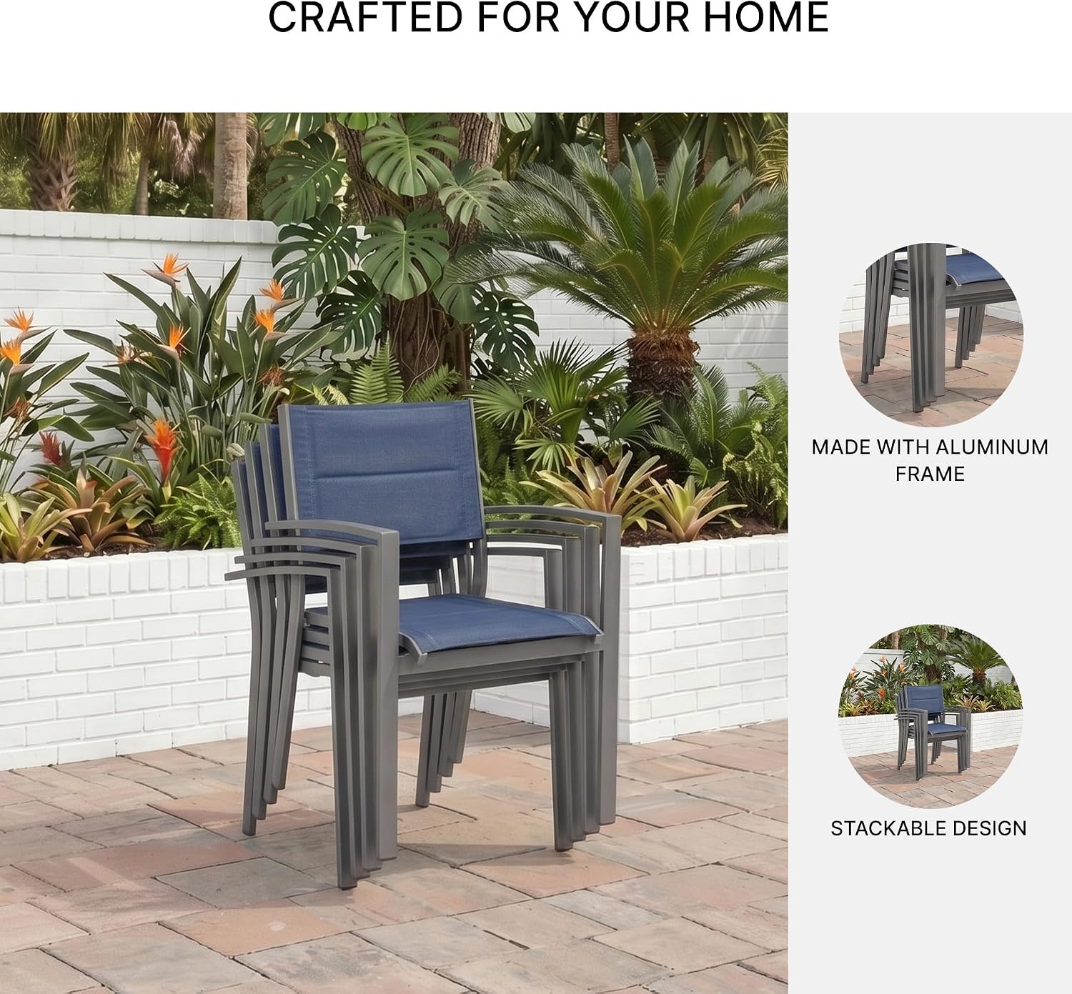 Signature Design by Ashley Point Bonita Set of 4 Outdoor Chairs with Padded Sling Seat, Stackable Aluminum Lounge Chairs for Patio and Porch Seating, Gray Frame with Blue Sling