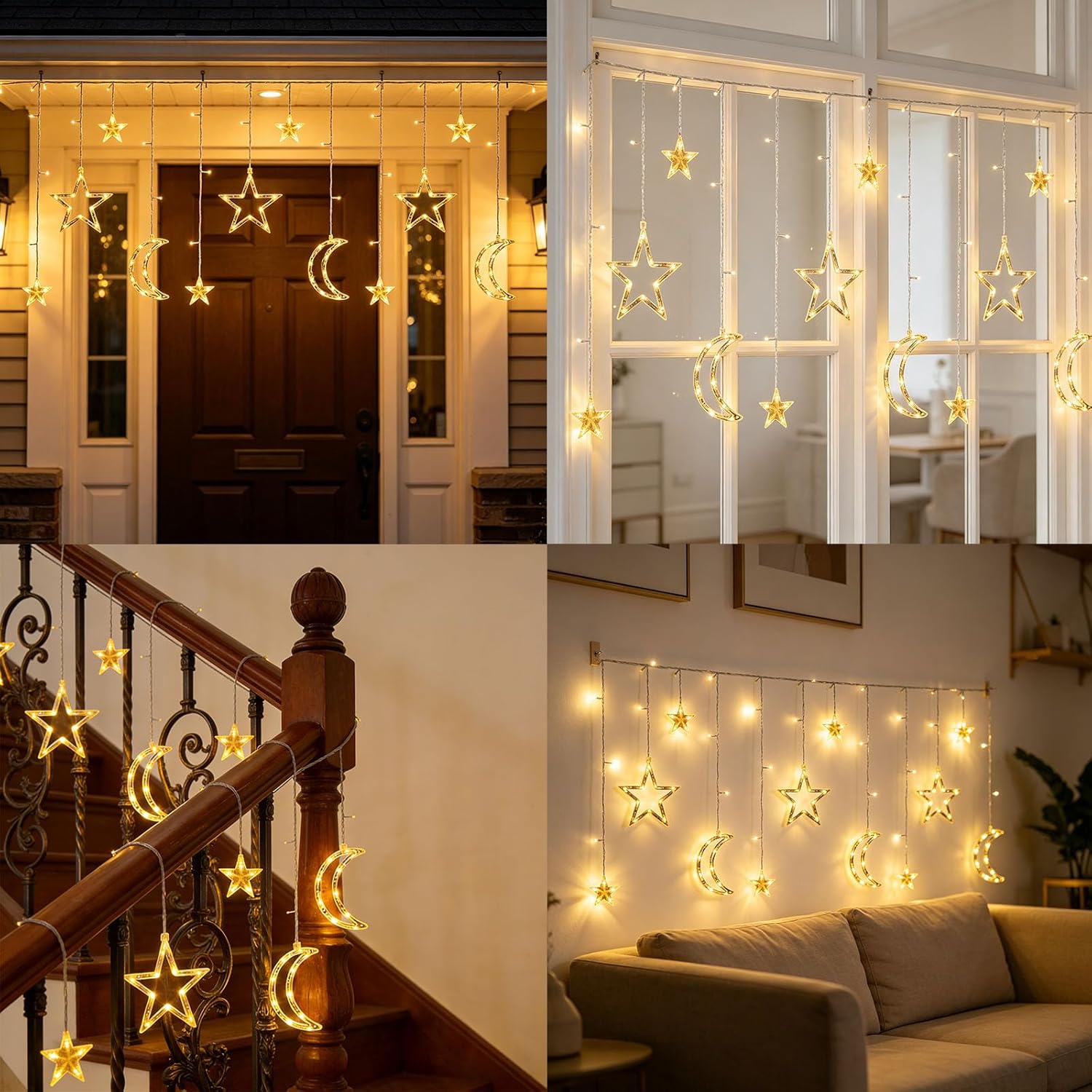 Moon Star Curtain String Lights, 11.5ft 120LED Moon Fairy Lights with USB & Battery Operated(Not Include) 8 Lighting Modes IP65 Waterproof Starry Night Lights for Christmas Ramadan Wedding Birthday