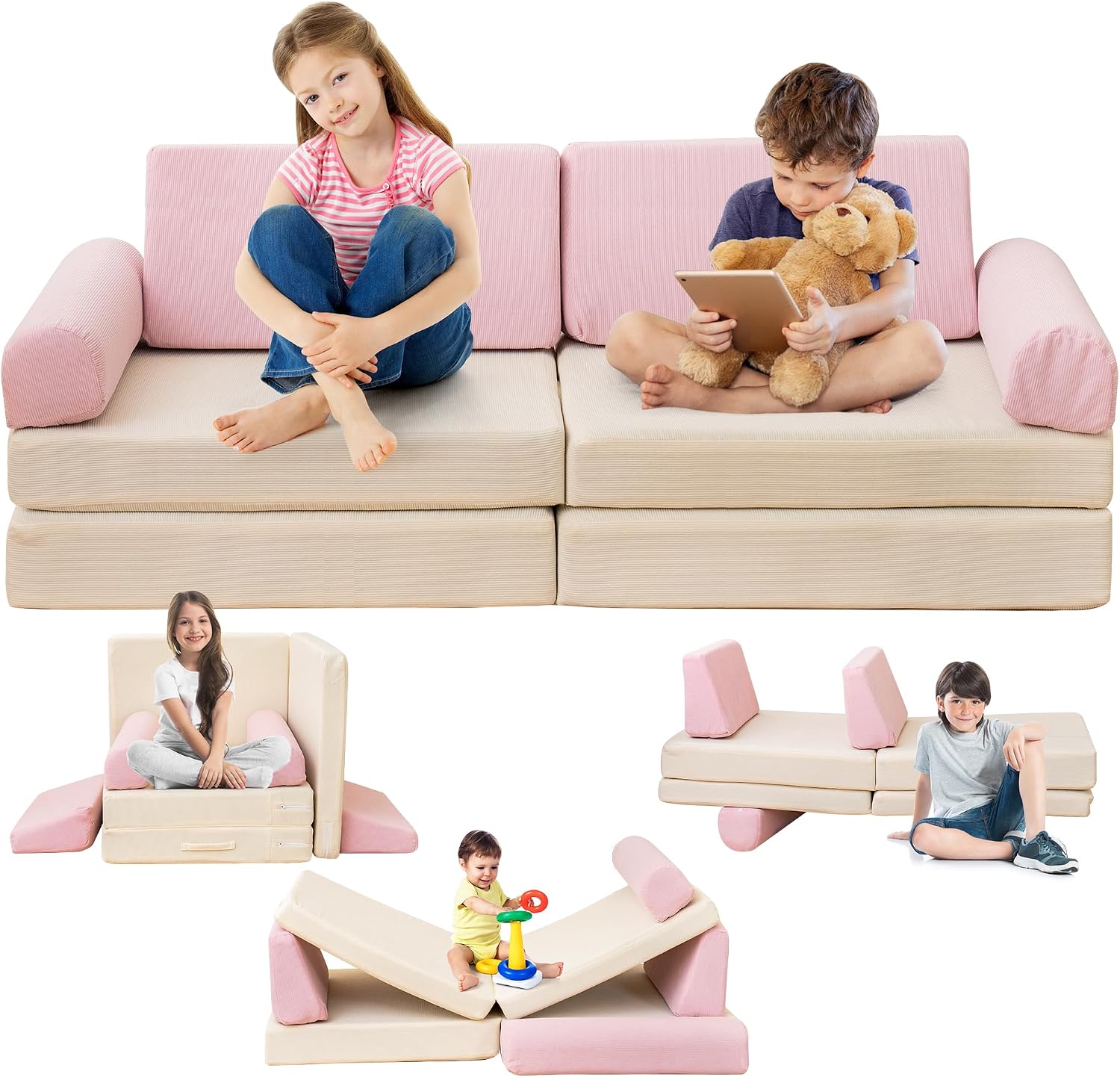 Modular Kids Play Couch, 5 Second Quick Bounce High Density Foam, Corduroy Fabric, Kids Sofa That Inspires Toddler Creativity for Playroom Bedroom Living Rooms Toddler Sofa -Pink and Beige