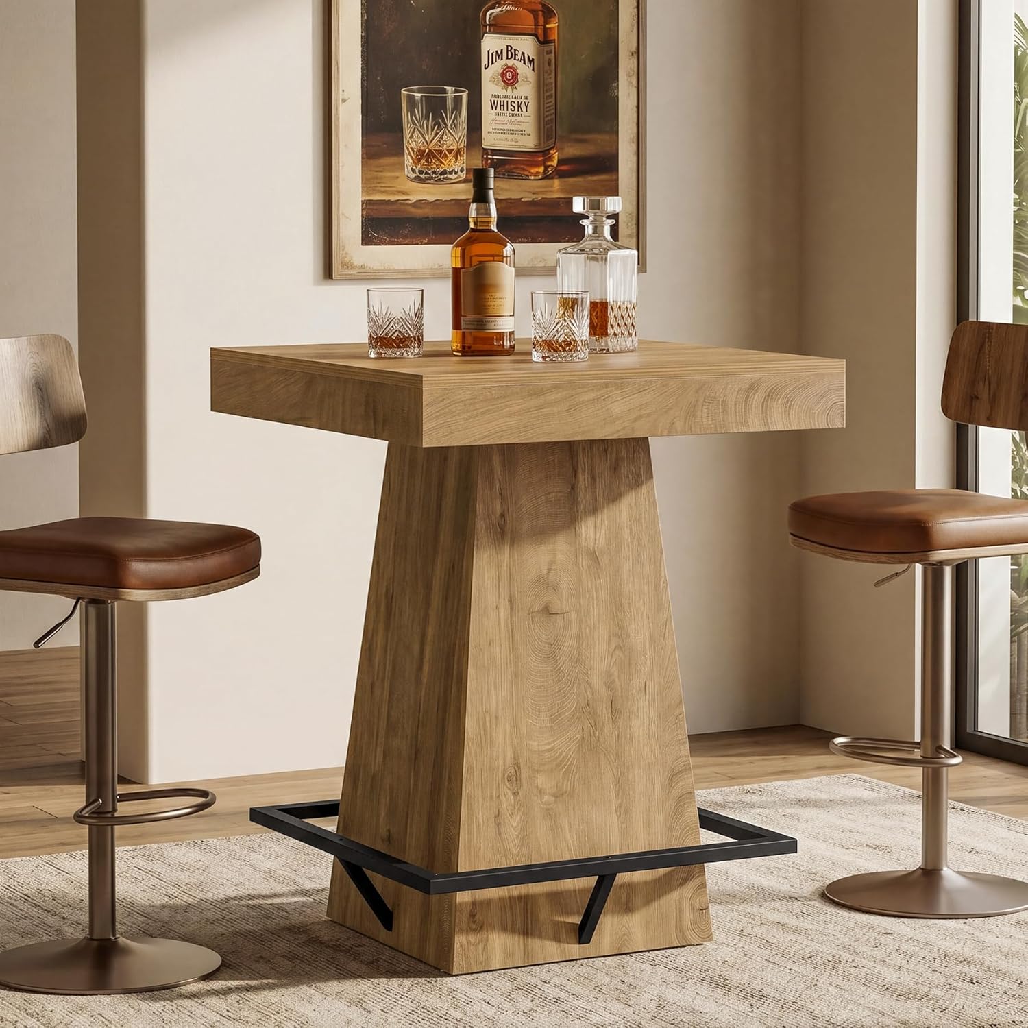 Tribesigns Square Bar Table, 37.4-Inch High Pub Table with Metal Footrest for Small Bars, Dining Room, Bistro, Kitchen, Light Brown(Only Table)