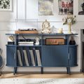 LELELINKY Large Round Record Player Stand with Charging Station & Fluted Panel, Blue Mid Century Modern Turntable Cabinet with Vinyl Storage, Arched Wood Record Player Table for Living Room
