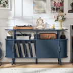 LELELINKY Large Round Record Player Stand with Charging Station & Fluted Panel, Blue Mid Century Modern Turntable Cabinet with Vinyl Storage, Arched Wood Record Player Table for Living Room