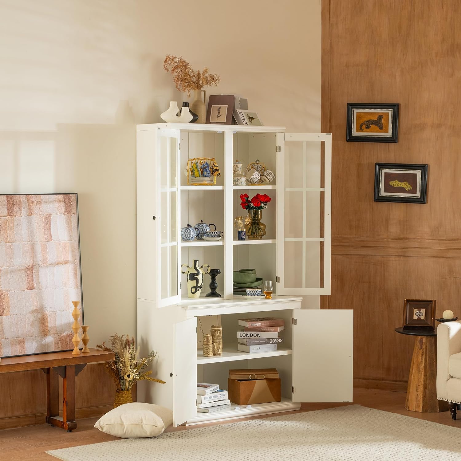 roomfitters Set of Two 75.25'' Pantry Cabinets with Glass Doors, Traditional Hutch Display Cabinet for Living Room and Kitchen, White