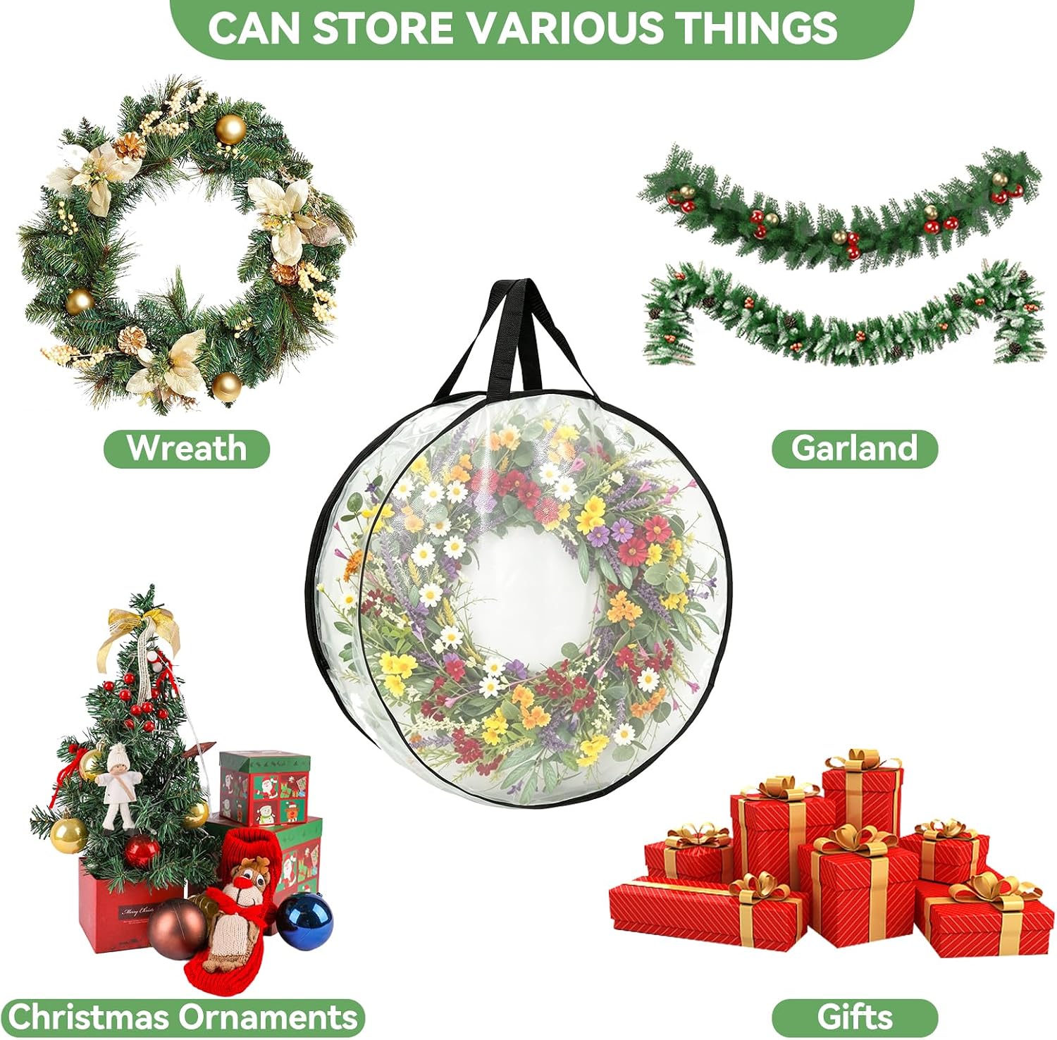 Wreath Storage Container 2-Pack, 24" Wreath Storage Bag for Garland Wreath Holder Holiday Decor Gift Storage, Wreath Bag for Spring Summer Autumn Christmas Wreath Storage