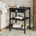 DUMOS 15.7" Small Side Table with Charging Station, End Table with Outlets & USB Ports, 3-Tier Adjustable Storage Nightstand for Living Room, Bedroom, Small Spaces, Record Player Stand, Black