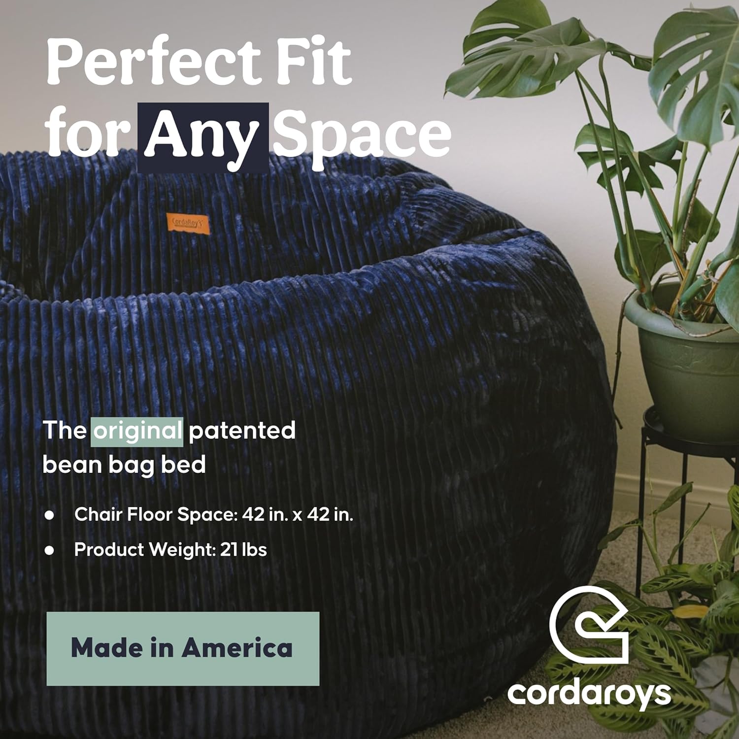 CordaRoy's Plush Bean Bag - Convertible Bean Bag Chair - Machine-Washable Plush Fabric Cover - for Basement, Living Room, Game Room, Dorm & More - Full Size - Indigo | Made in The USA