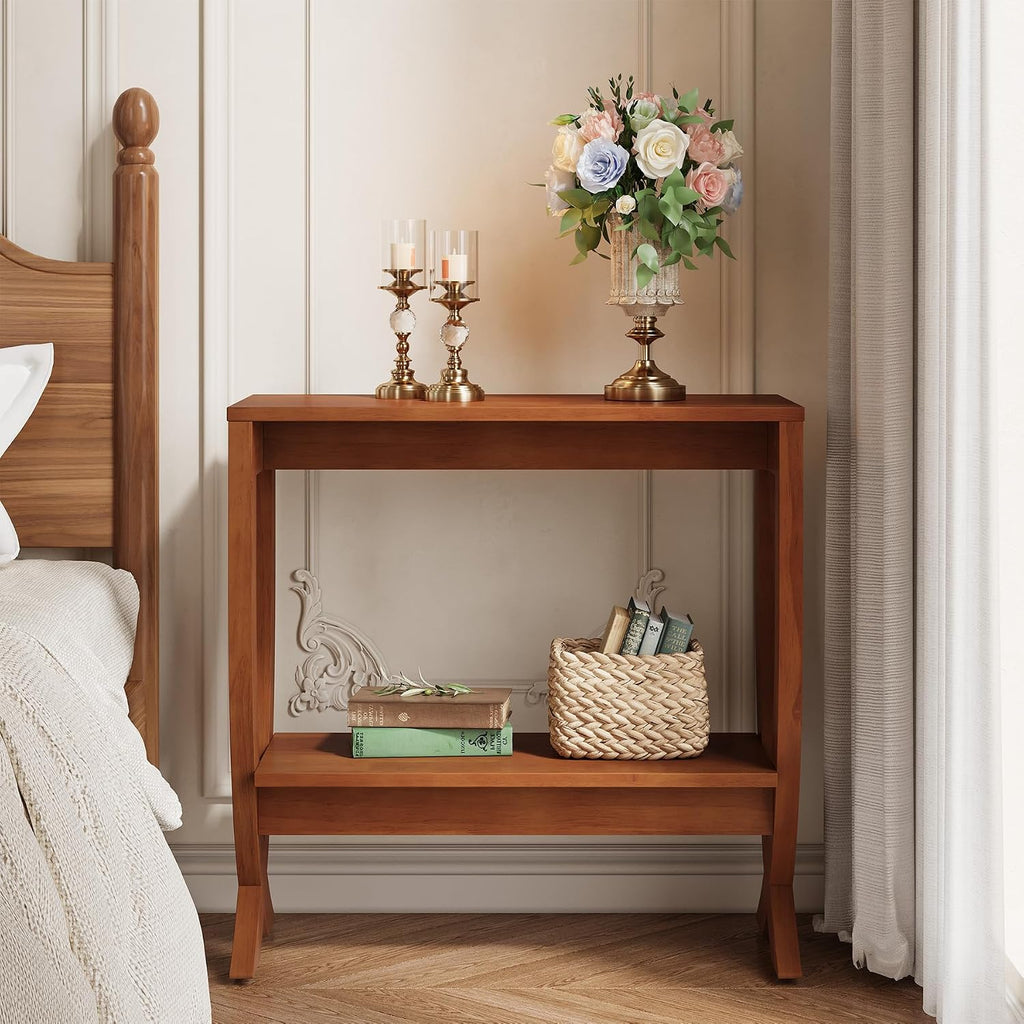 Solid End Table, 2-Tier Couch Side Table with Arched Legs for Small Space, Living Room, Easy Assembly, Warm Walnut