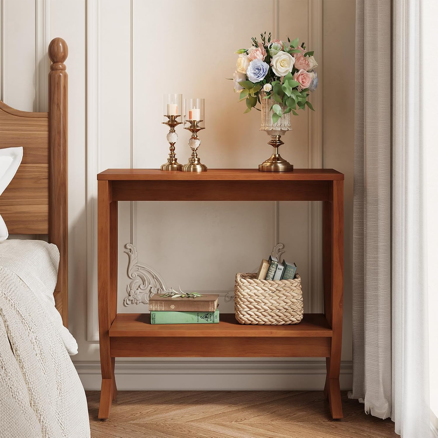 Solid End Table, 2-Tier Couch Side Table with Arched Legs for Small Space, Living Room, Easy Assembly, Warm Walnut
