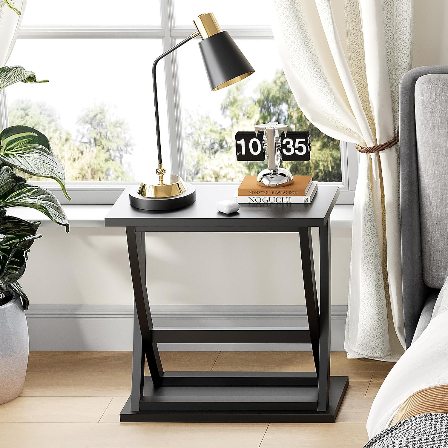 ChooChoo Black End Table, Narrow Side Table with Storage Shelf, Modern X-Design Slim Bedside Tables for Living Room, Bedroom, Small Spaces