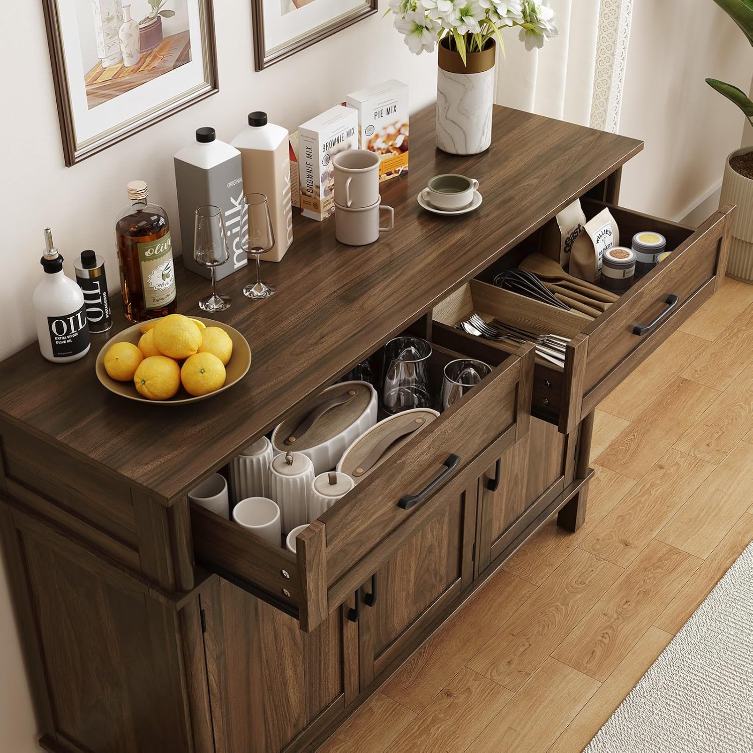 ONBRILL 48 Inch Buffet Cabinet with Storage, Farmhouse Sideboard Buffet w/2 Drawers and 3 Doors, Wood Coffee Bar Cabinet with Adjustable Shelves, Sideboard Storage for Kitchen, Living Room, Walnut