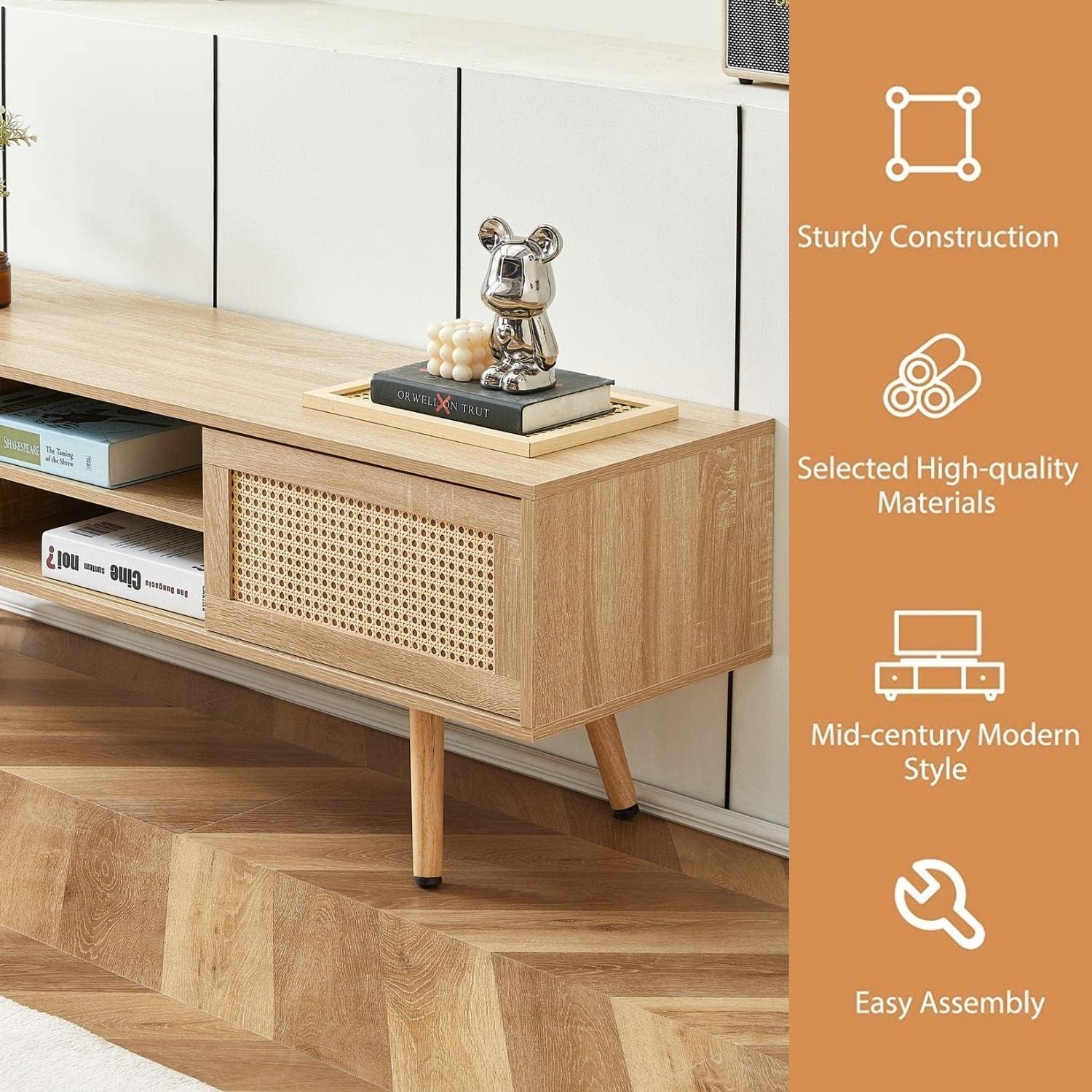 Coffee Table and TV Stand Set of 2, Boho TV Console Coffee Table Set with Sliding Doors, Entertainment Center Set for Living Room (Natural)