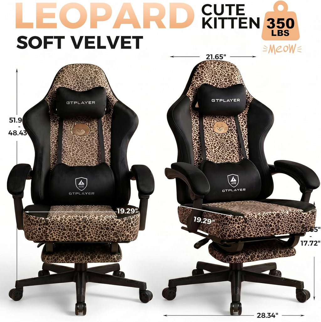 GTPLAYER Gaming Chair with Leopard Print Cat, Cute Velvet Fabric Ergonomic Computer Chair with Footrest Headrest and Lumbar Support, Big and Tall Comfortable Video Gamer Chair for Women Gift