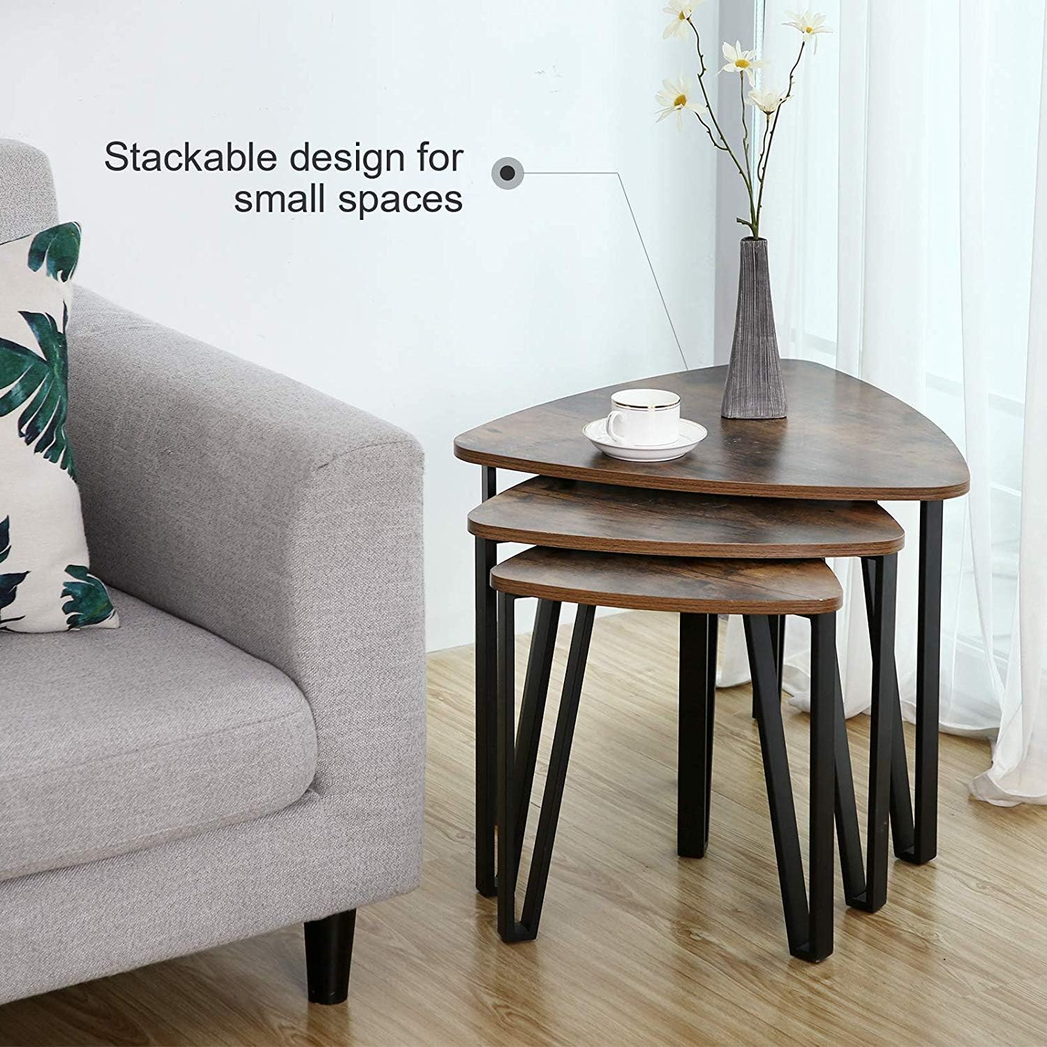 VASAGLE Nesting Coffee Tables, End Tables Set of 3 for Living Room Bedroom, Industrial Small Stacking Side Tables with Metal Frame for Couch, Rustic Brown and Black ULNT13X, 23.1 x 23.1 x 17.7 Inches