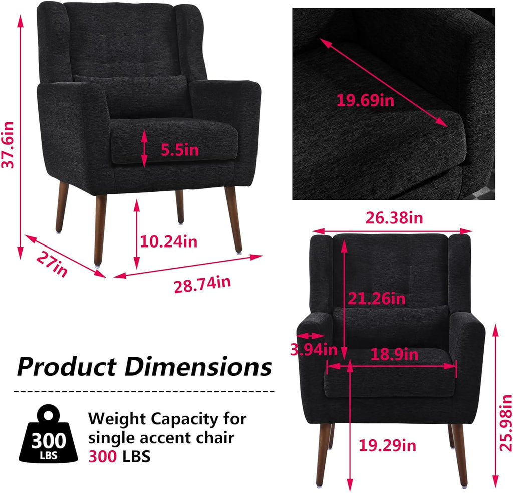 Modern Accent Chair Chenille Fabric Upholstered Tufted Side Chair Wingback Chair,Mid Century Reading Armchair with Waist Pillow Backrest for Living Room Bedroom (Black)