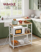 VASAGLE Kitchen Island with Power Strip, Microwave Oven Stand, Kitchen Shelf, Baker's Rack with 3 Open Shelves, 6 Hooks, Metal Frame, 15.7 x 31.5 x 35.4 Inches, Goldean Oak and White UKKI102YA02S