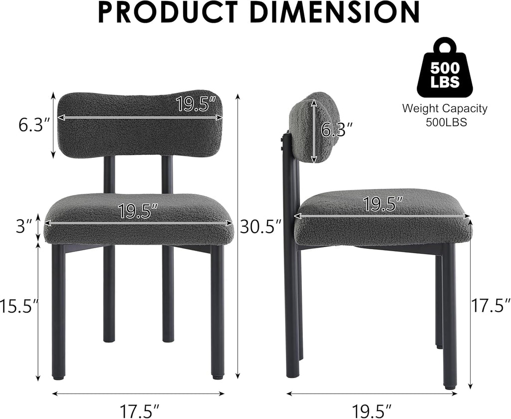 Boucle Dining Chairs Set of 4, Modern Upholstered Dining Room Chair with Curved Backrest, Sherpa Kitchen Chairs with Cushioned Seat and Black Metal Legs for Living Room Bedroom Vanity, Grey