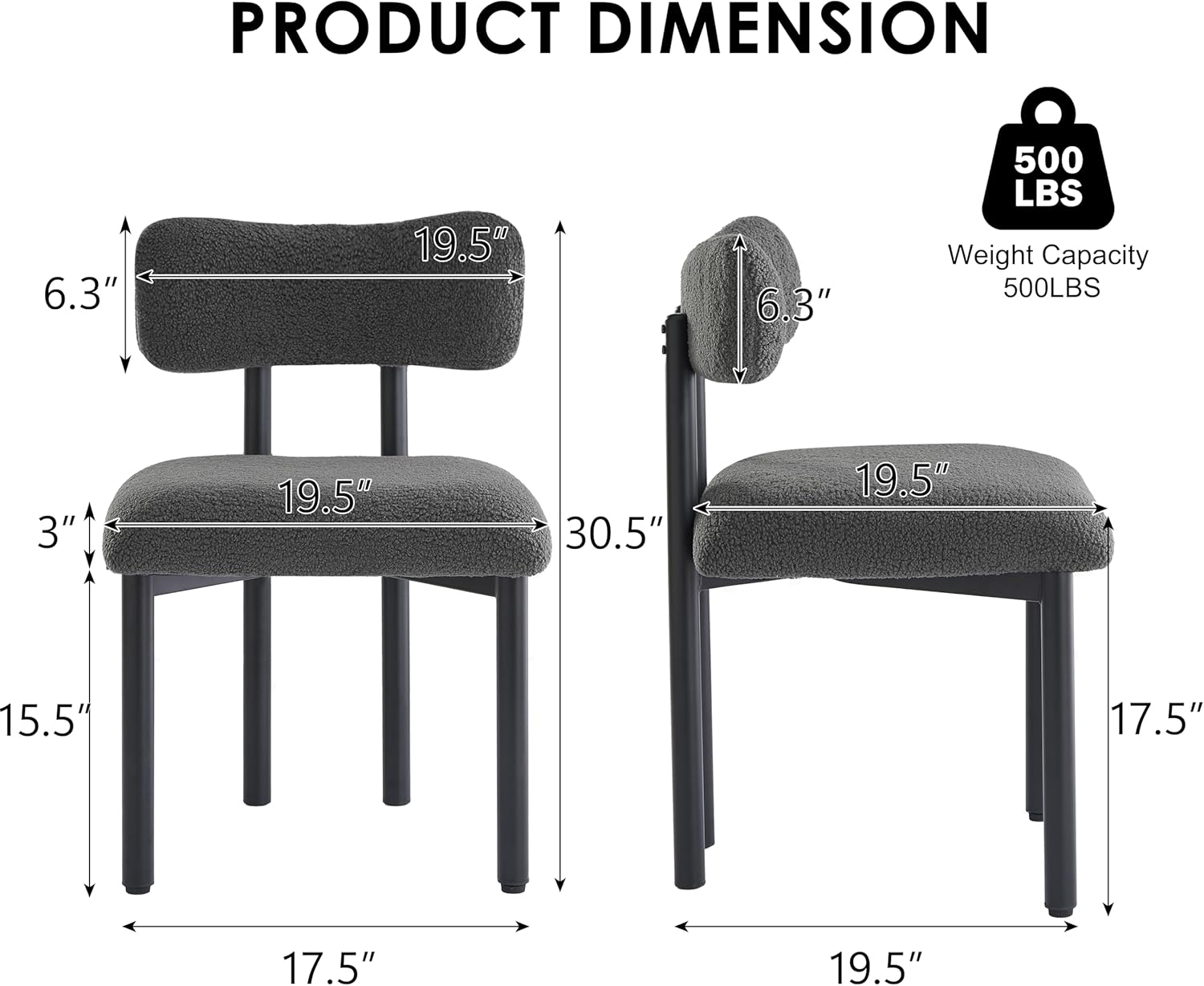 Boucle Dining Chairs Set of 4, Modern Upholstered Dining Room Chair with Curved Backrest, Sherpa Kitchen Chairs with Cushioned Seat and Black Metal Legs for Living Room Bedroom Vanity, Grey