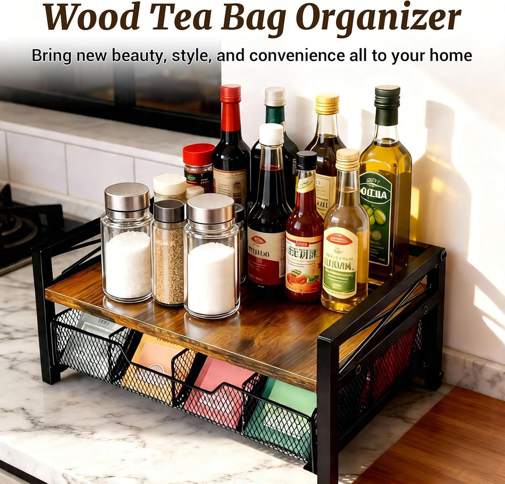 NANXITU Tea Holder Organizer,Wood Tea Box Organizer Storage Box | Tea Caddy for Tea Bags Organizer Drawer,with 8 Compartments Multi-Functional Tea Station Chest for Countertop