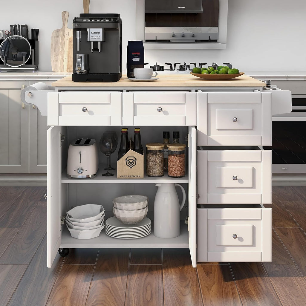 HOMREST 52" Mobil Kitchen Island Cart with Storage, Rolling Island with Drop Leaf and Rubberwood Countertop, Spice Rack, Adjustable Shelves and 5 Drawers, Island Table for Kitchen, White