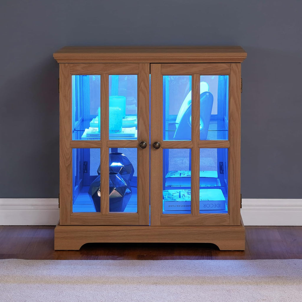 Small Curio Cabinet with Glass Doors and LED Lights, 30.32” W Black Wood Display Cabinet, 2-Tier Accent Storage with Adjustable Shelves, Retro China Cabinet for Living Room Corner (Oak)