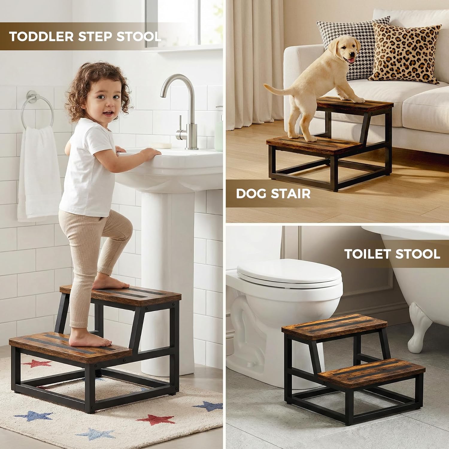 Step Stool, NomNest 2 Step Wooden Ladder Metal Foot Stool Wide Kitchen Stool Helper for Toddler Adults Seniors, Ladder Chair for Home Bedside Bathroom Sink Potty