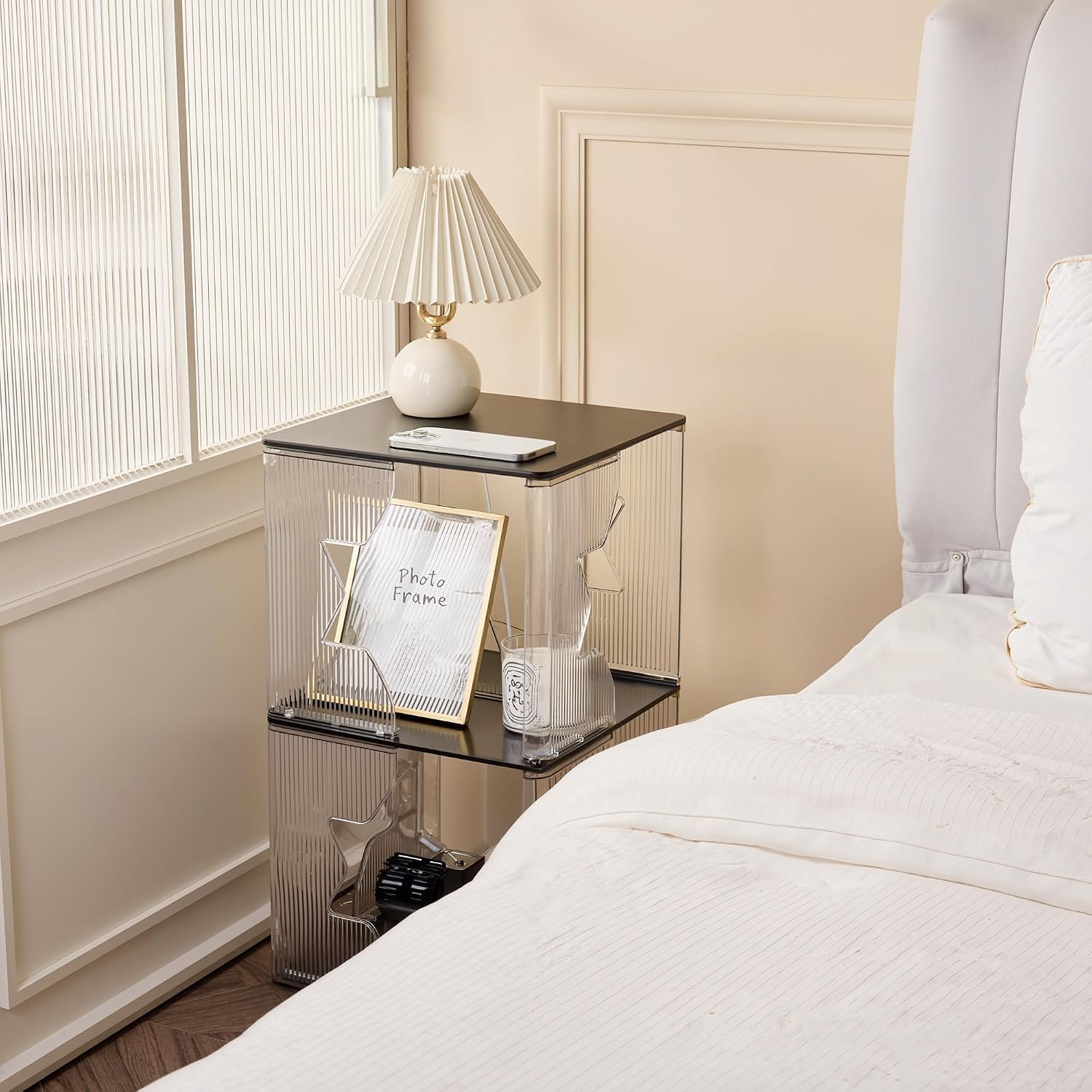 MUKAI Side Tables Set of 2 End Table with 3 Storage Shelve Transparent Bedside Simplicity Clear 3-Tier Nightstands Small Spaces lockers Office Bedroom Living Room Study Transparent