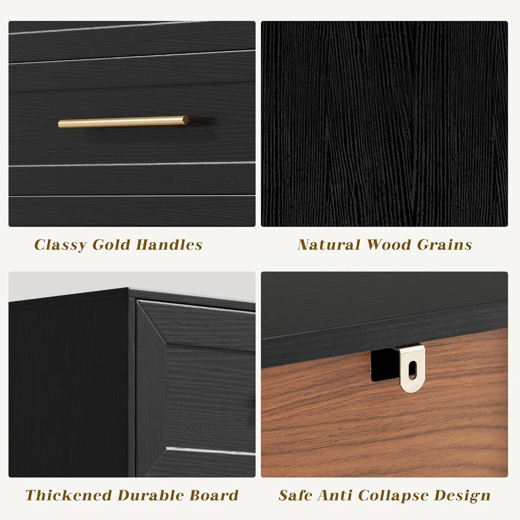 Anbuy Night Stand Large Bedside Side Table with 3 Drawers, Modern Wood Nightstand, Storage End Table with Golden Handles for Bedroom, Living Room (1 Piece, Black)