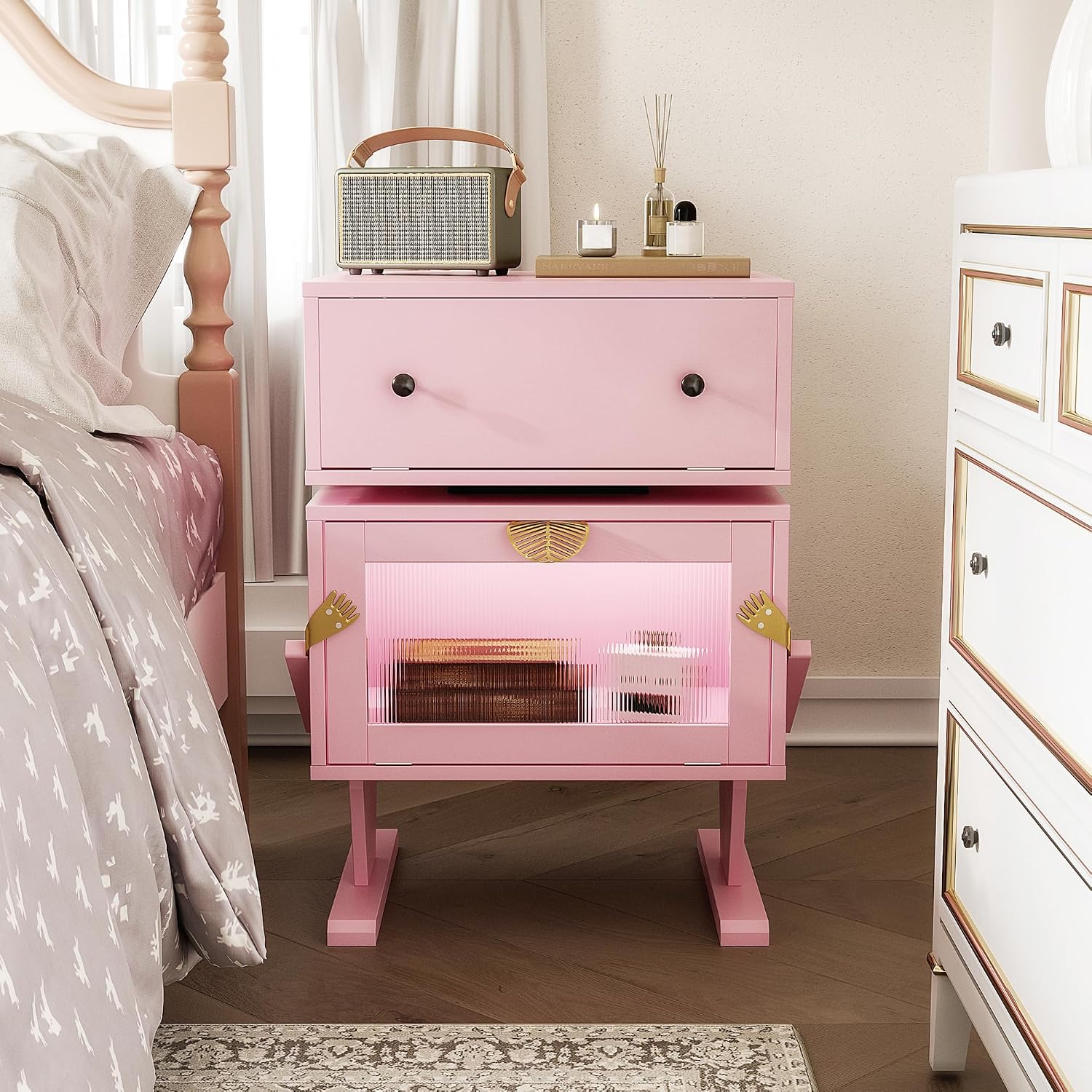 RoyalCraft Nightstand with LED Light Strips, Pink End Table for Bedroom | Modern Bedside Table with 360°Rotating Drawer, Wood Night Stand Cabinet with Glass Door Storage for Living Room, Home Office