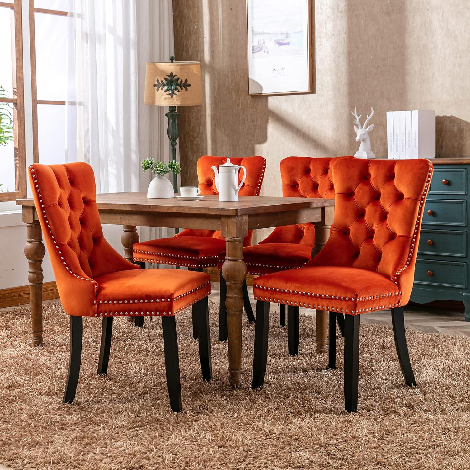 Modern Dining Chairs Set of 4, Tufted Upholstered Dining Chair with Solid Wood Legs, Orange Velvet Accent Chair, Sillas de Comedor, 4 Dining Chairs (Orange, Velvet, 4Pcs)