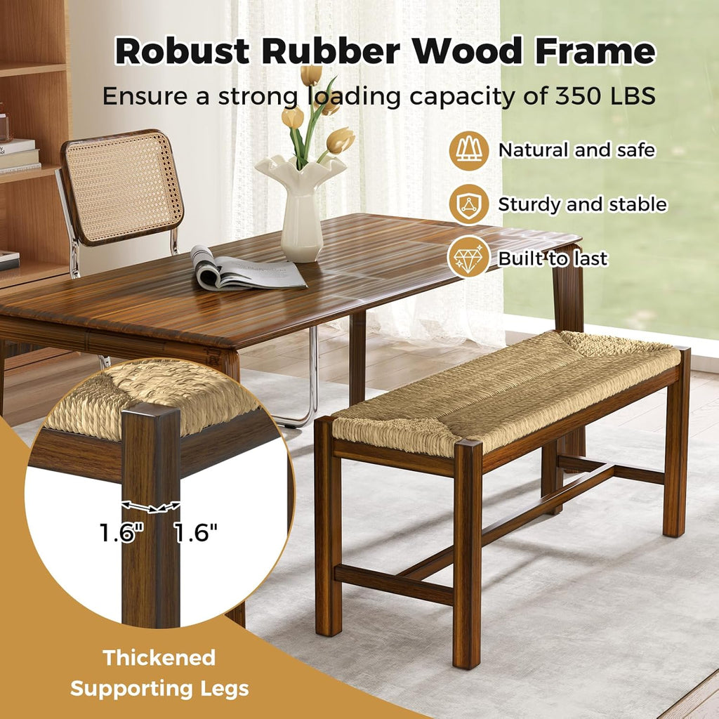 GOFLAME 40” Dining Bench, Farmhouse Boho Entryway Bench with Woven Seagrass Seat, End of Bed Bench with Rubber Wood Frame, Accent Indoor Bench for Bedroom, Dining Room, Living Room, Hallway