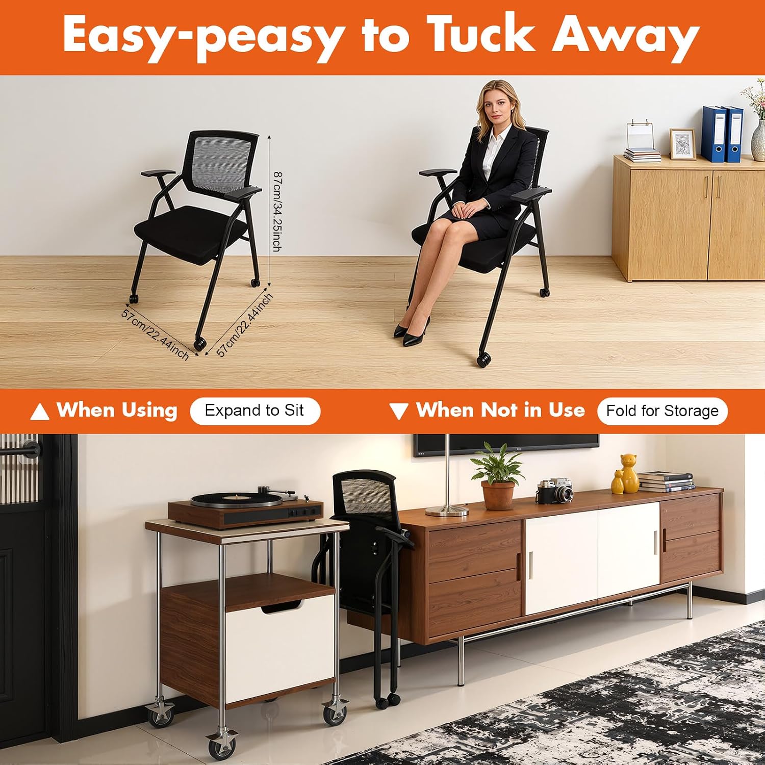 Foldable Conference Room Chair Office Guest Chairs and Reception Chairs with Wheels,Mesh Back Guest Reception Chair Foldable Desk Chair for Home Office,Black (2 PCS with Tablet)