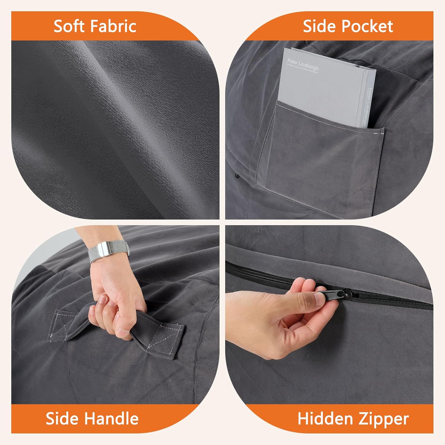 Sweetcrispy Bean Bag Chairs, 4Ft Bean Bags for Adults, Large Oversized Beanbag Chair with Memory Foam Filled and Soft Removable Washable Cover, Comfy Sofa for Living Room Bedroom Dorm, Dark Grey