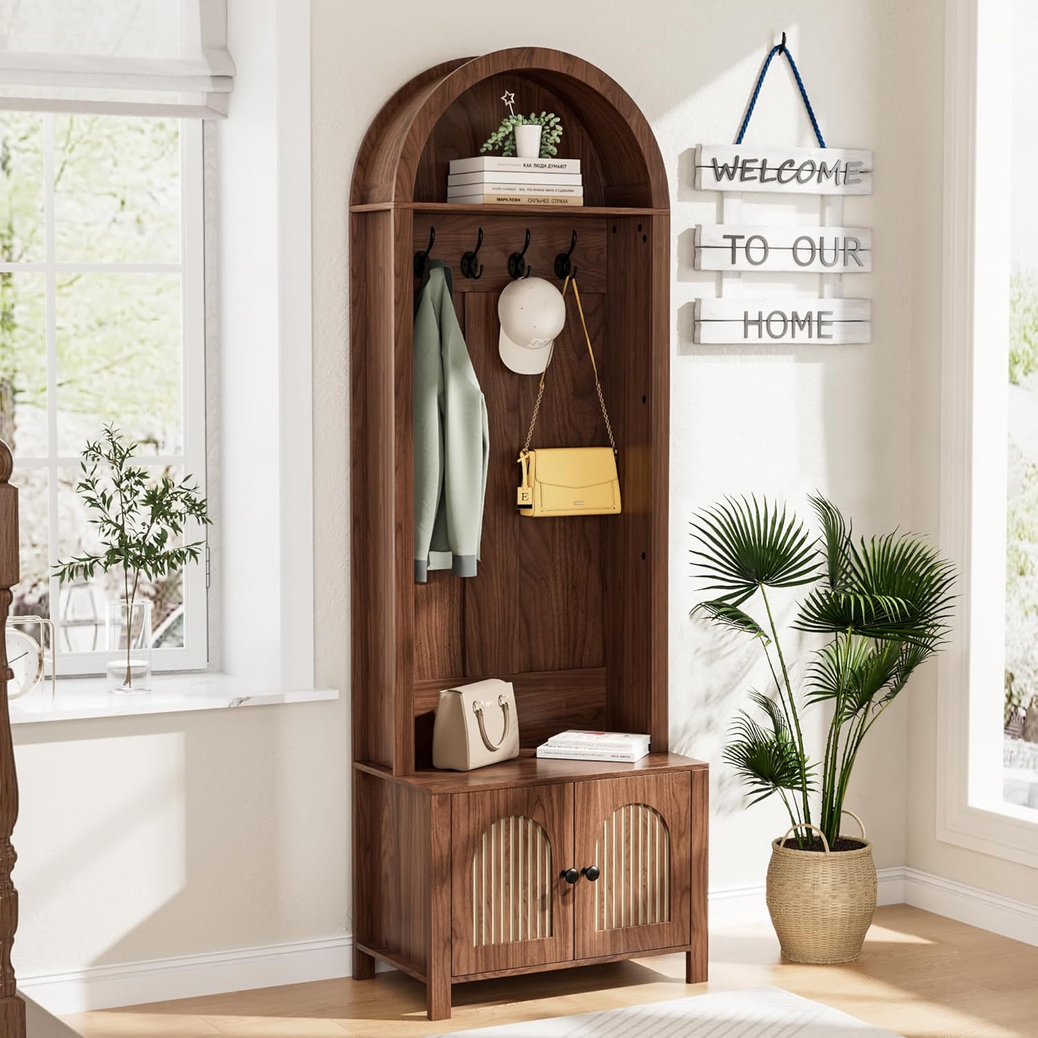 Hall Tree with Bench and Shoe Storage, Entryway Storage Bench with Coat Rack, 70.9"Arch Coat Rack with 4 Hooks and 2 Fluted Doors, Farmhouse Style Furniture Organizer for Hallway (Walnut, 23.7"W)