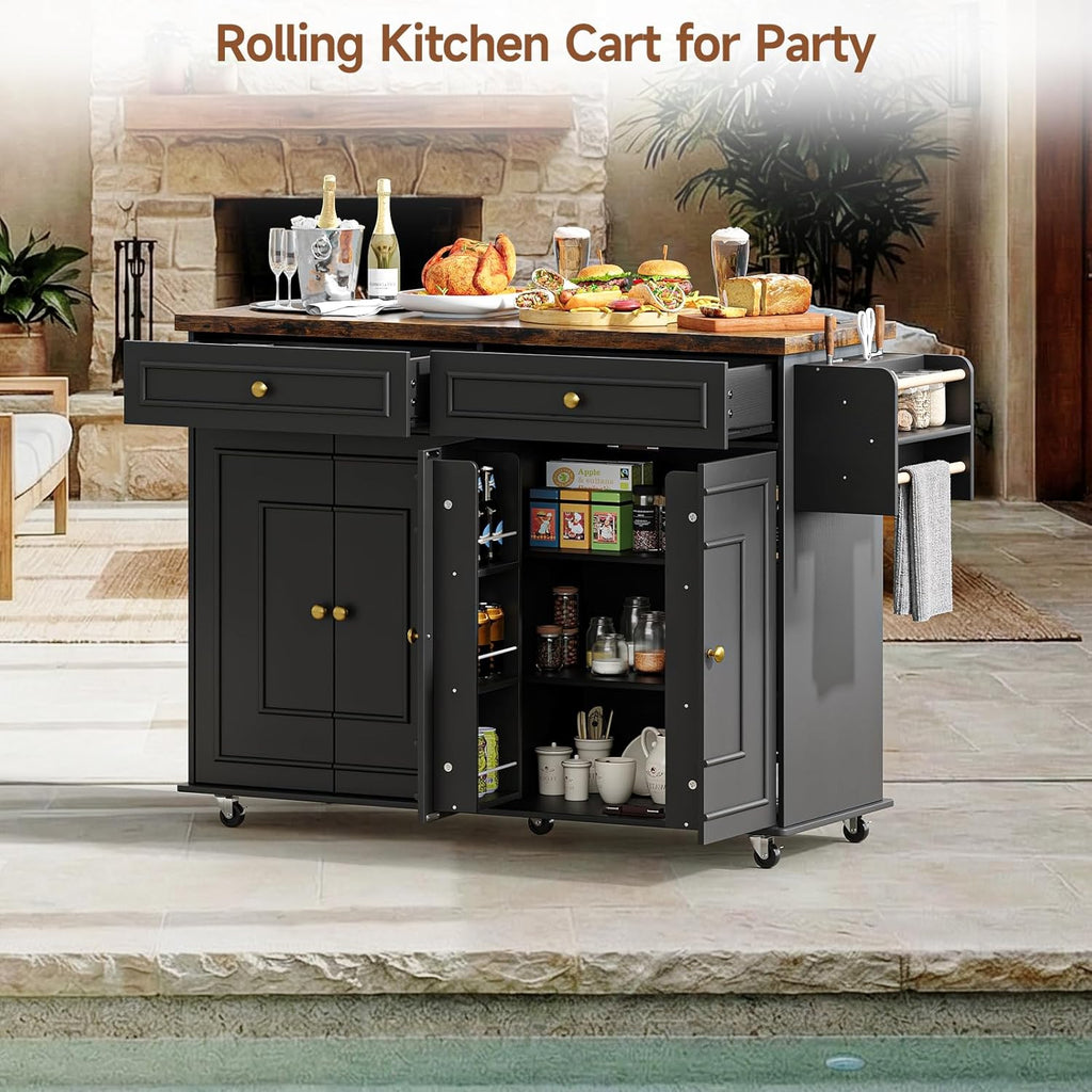 ComfyCorner 58" Rolling Kitchen Island with Storage, Island Table for Kitchen with Power Outlet, Multi-level Kitchen Islands on Wheels, Mobile Bar Cart with Spice Rack, Towel Rack, Knife Holder, Black