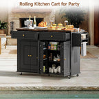 ComfyCorner 58" Rolling Kitchen Island with Storage, Island Table for Kitchen with Power Outlet, Multi-level Kitchen Islands on Wheels, Mobile Bar Cart with Spice Rack, Towel Rack, Knife Holder, Black