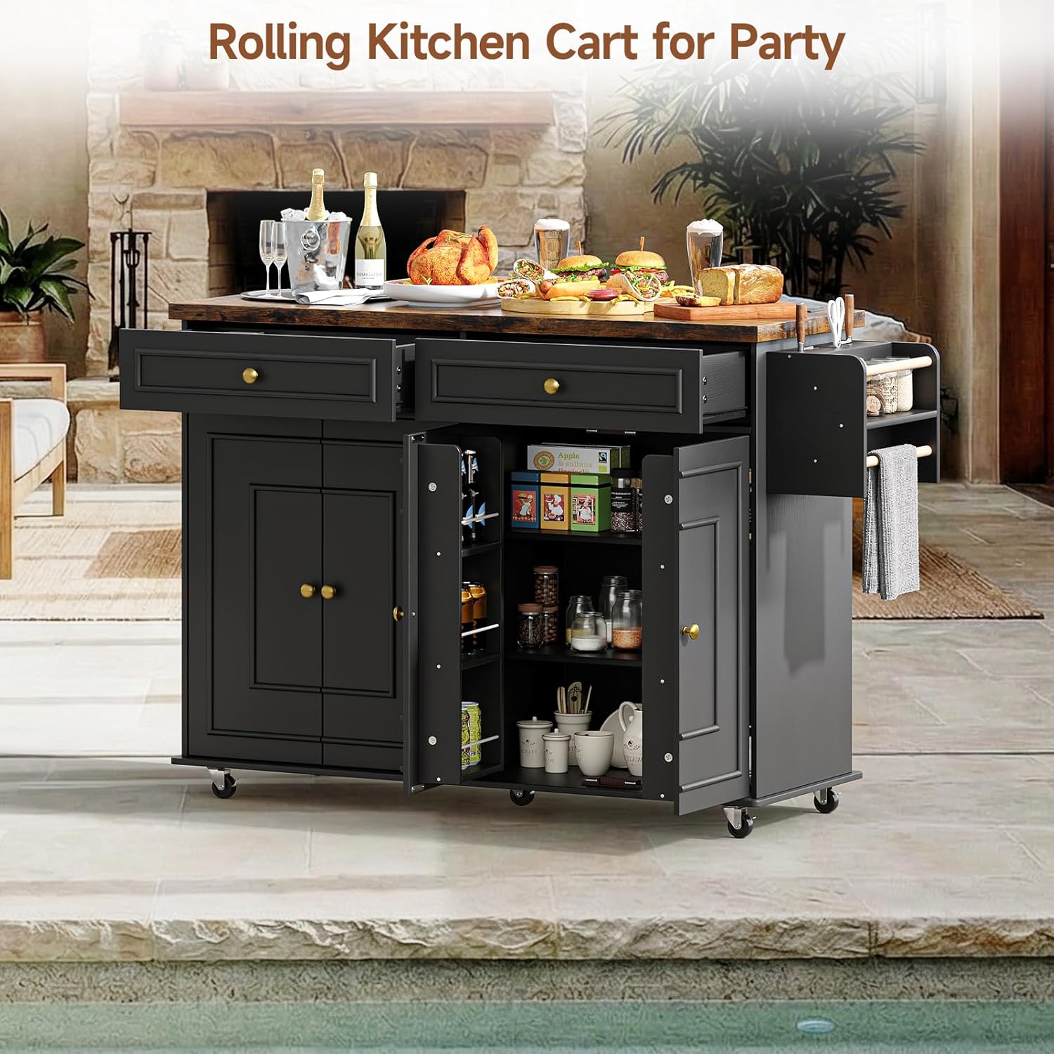 ComfyCorner 58" Rolling Kitchen Island with Storage, Island Table for Kitchen with Power Outlet, Multi-level Kitchen Islands on Wheels, Mobile Bar Cart with Spice Rack, Towel Rack, Knife Holder, Black