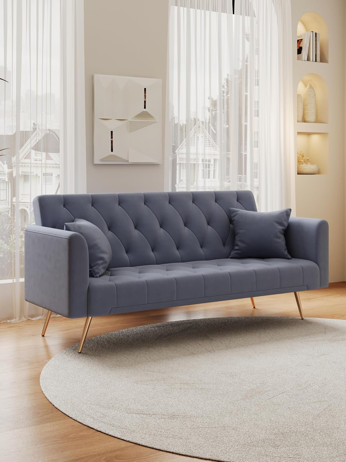 Small Space Solution: 71-inch Grey Velvet Convertible Love Seat
