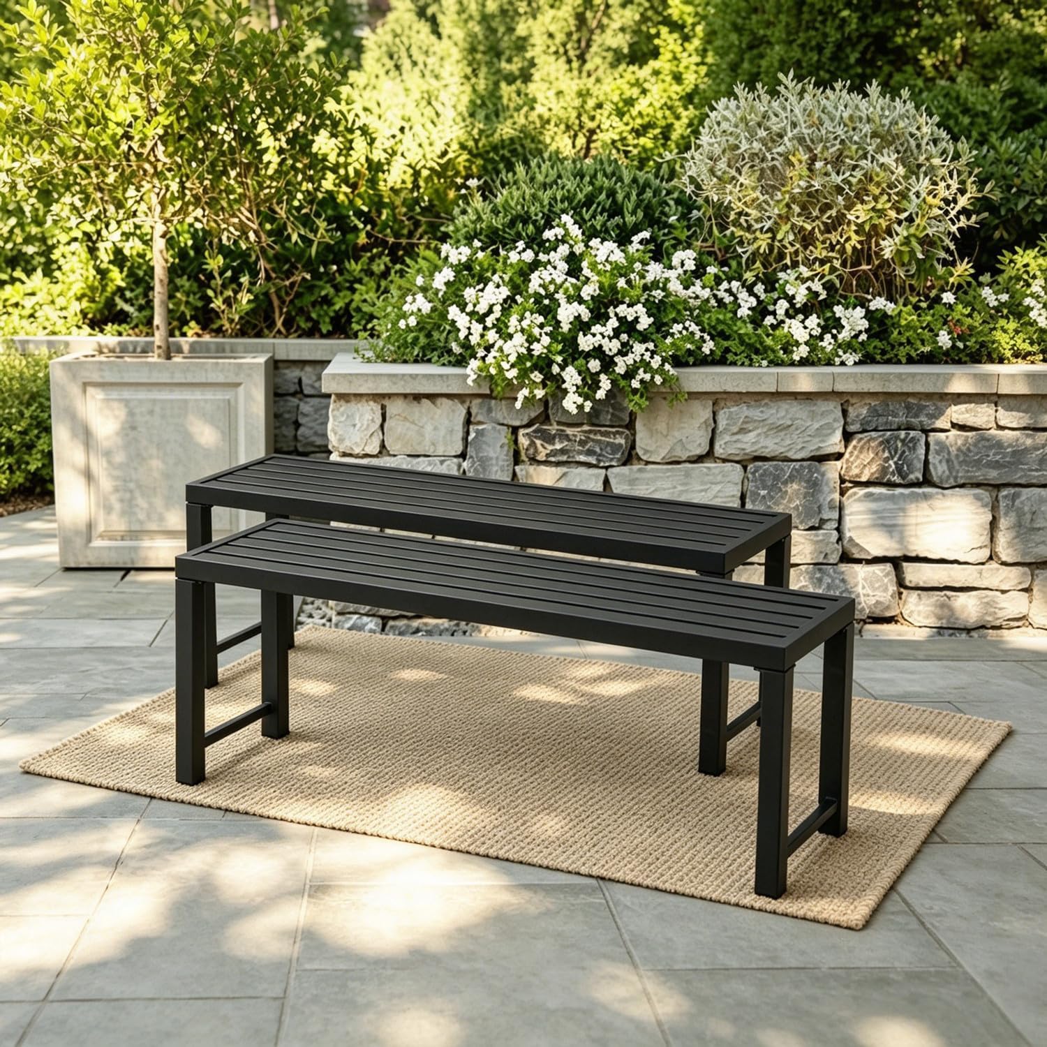 Black Outdoor Bench, Outdoor Metal Backless Bench Set of 2, 46" Patio Garden Bench for Outdoor, All Wheather Outdoor Bench for Garden, Backyard, Porch, Black