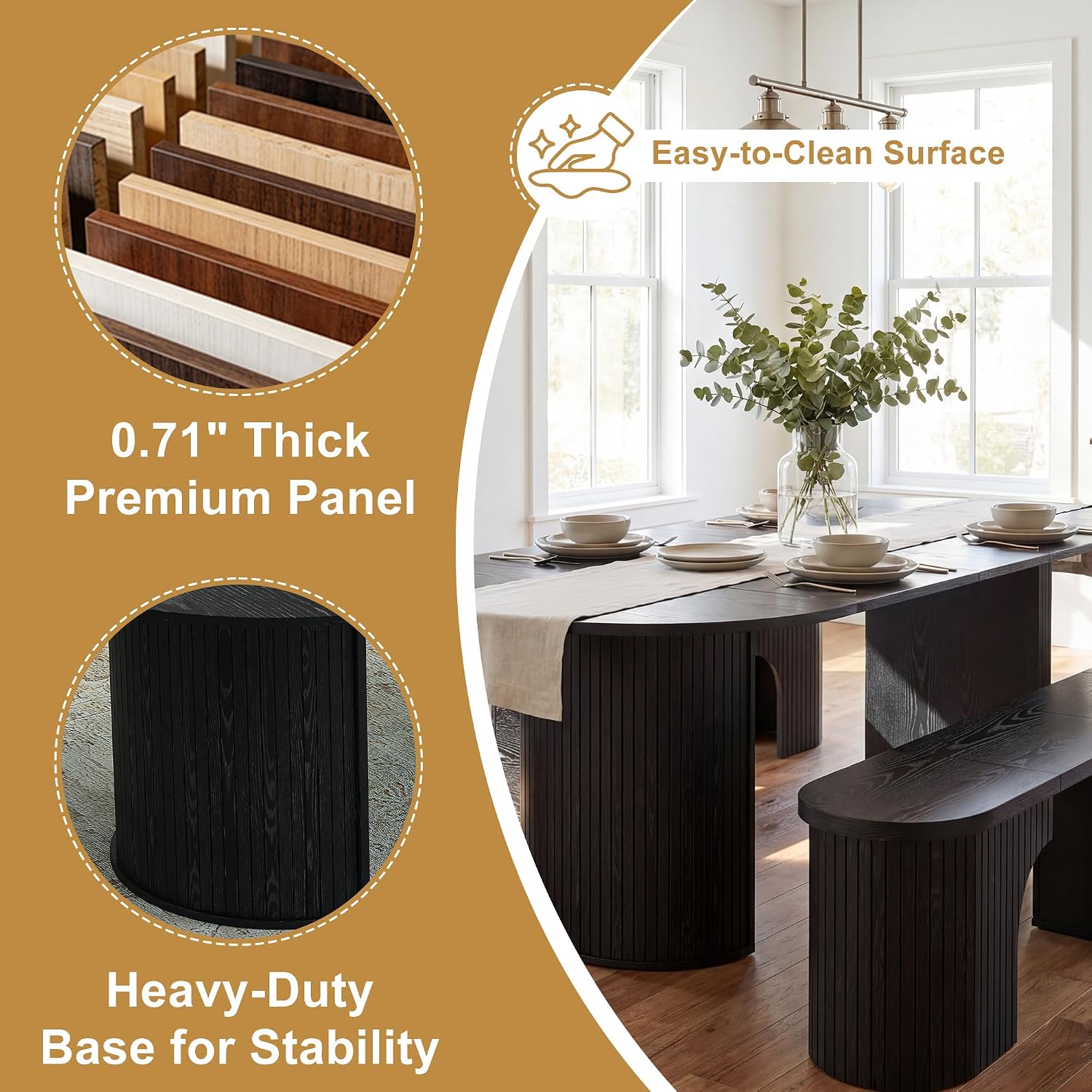 AF ARTISAN FURNITURE 105" Oval Extendable Dining Table for 4-10, MDF Tabletop with Fluted Column Base, Mid-Century Modern Kitchen Table for Dining Room or Office, Extends 45"-105", Black