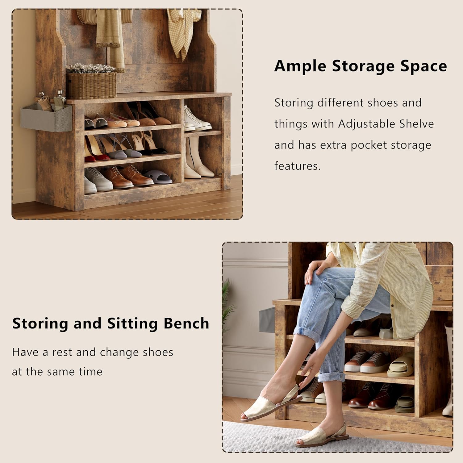 Aiho Entryway Hall Tree with Bench and Storage, 5-in-1 Hall Tree with Coat Rack, Adjustable Shoe Bench, 2-Tier top Storage, for Hallway, Entryway, Bedroom, Rustic Brown