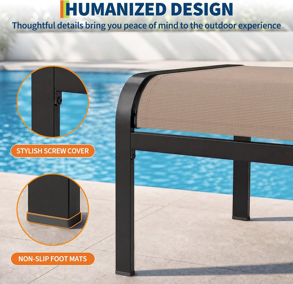 Outdoor Ottoman Set of 2, Outdoor Foot Stool with Textliene Fabric, Metal Frame, Stackable Oversized Foot Rest for Patio Garden Pool, Light Brown