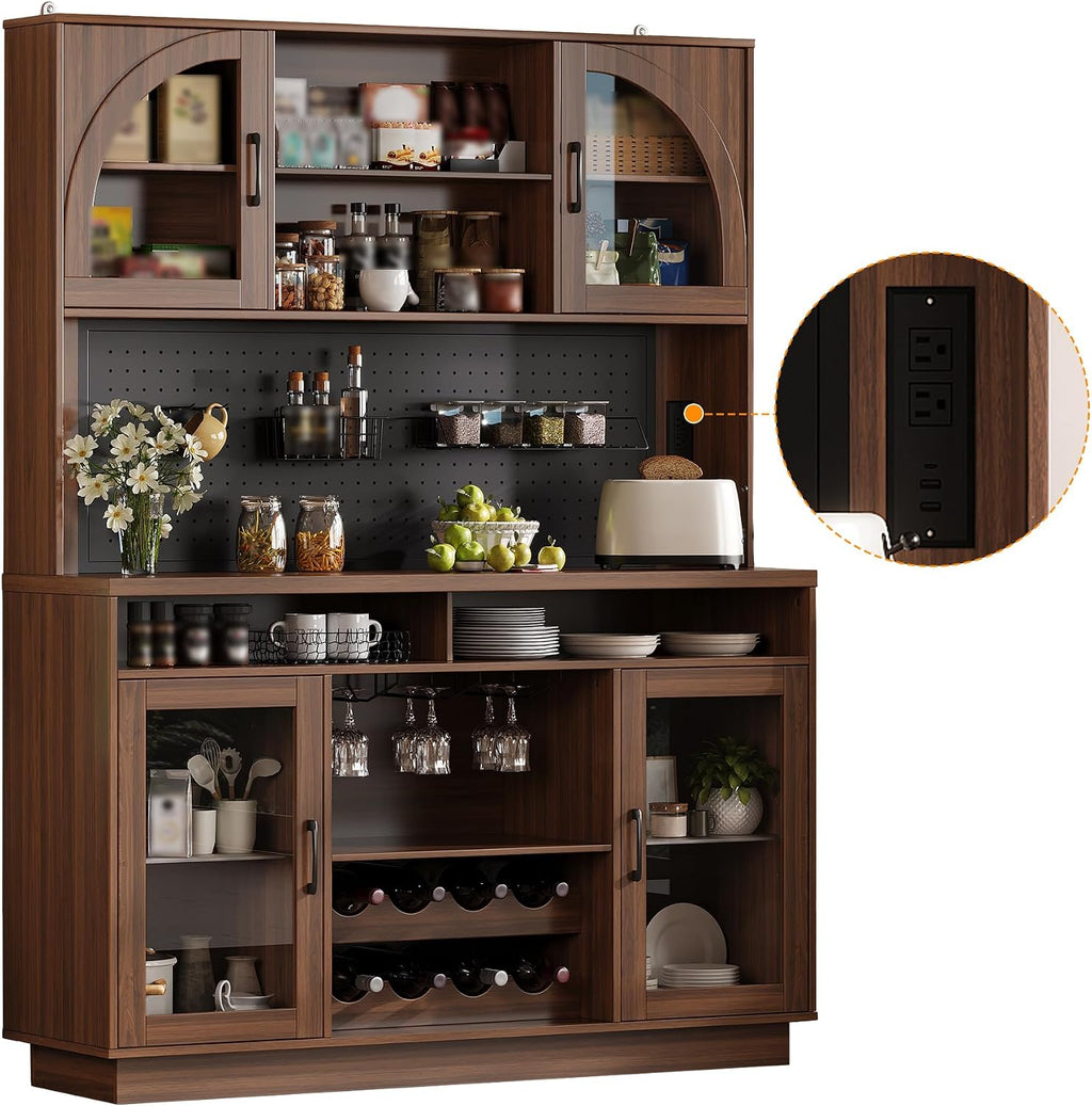 BINGTOO 71" Tall Kitchen Pantry Cabinet with Charging Station, 54" Large Kitchen Hutch with LED Lights & Pegboard, Coffee Bar Cabinet with Wine Rack and Adjustable Shelves (Walnut Brown, 1 Cabinet)