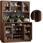 BINGTOO 71" Tall Kitchen Pantry Cabinet with Charging Station, 54" Large Kitchen Hutch with LED Lights & Pegboard, Coffee Bar Cabinet with Wine Rack and Adjustable Shelves (Walnut Brown, 1 Cabinet)
