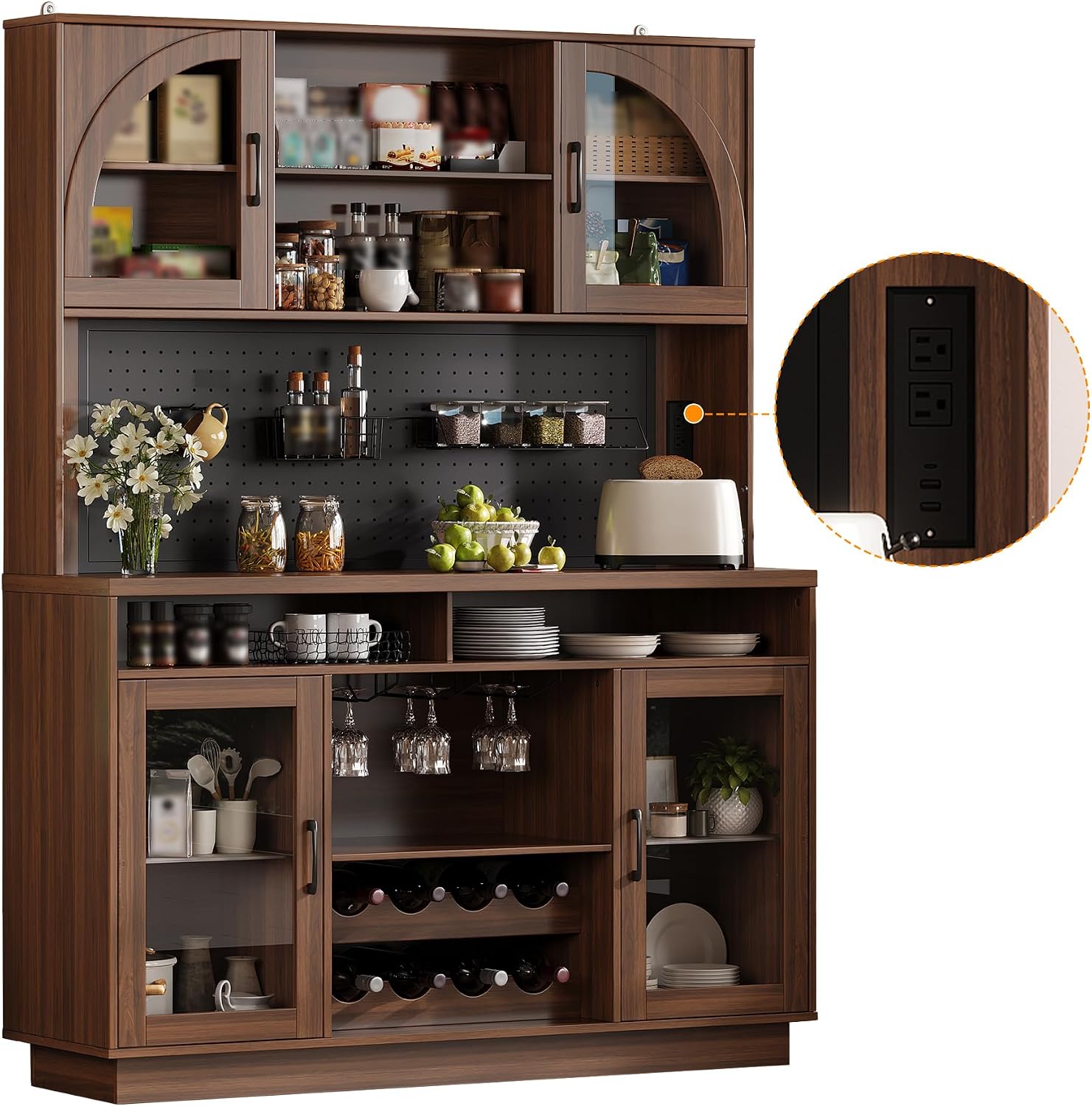 BINGTOO 71" Tall Kitchen Pantry Cabinet with Charging Station, 54" Large Kitchen Hutch with LED Lights & Pegboard, Coffee Bar Cabinet with Wine Rack and Adjustable Shelves (Walnut Brown, 1 Cabinet)