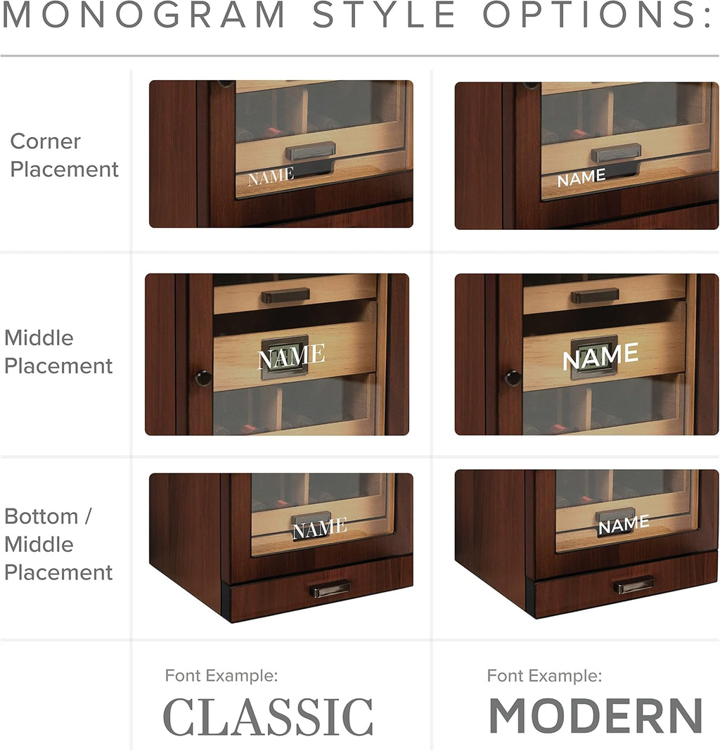 CASE ELEGANCE Monogrammed Luca Cabinet Humidor with Thick Cedar, Easy humidification System, Accurate Digital Hygrometer - Brown