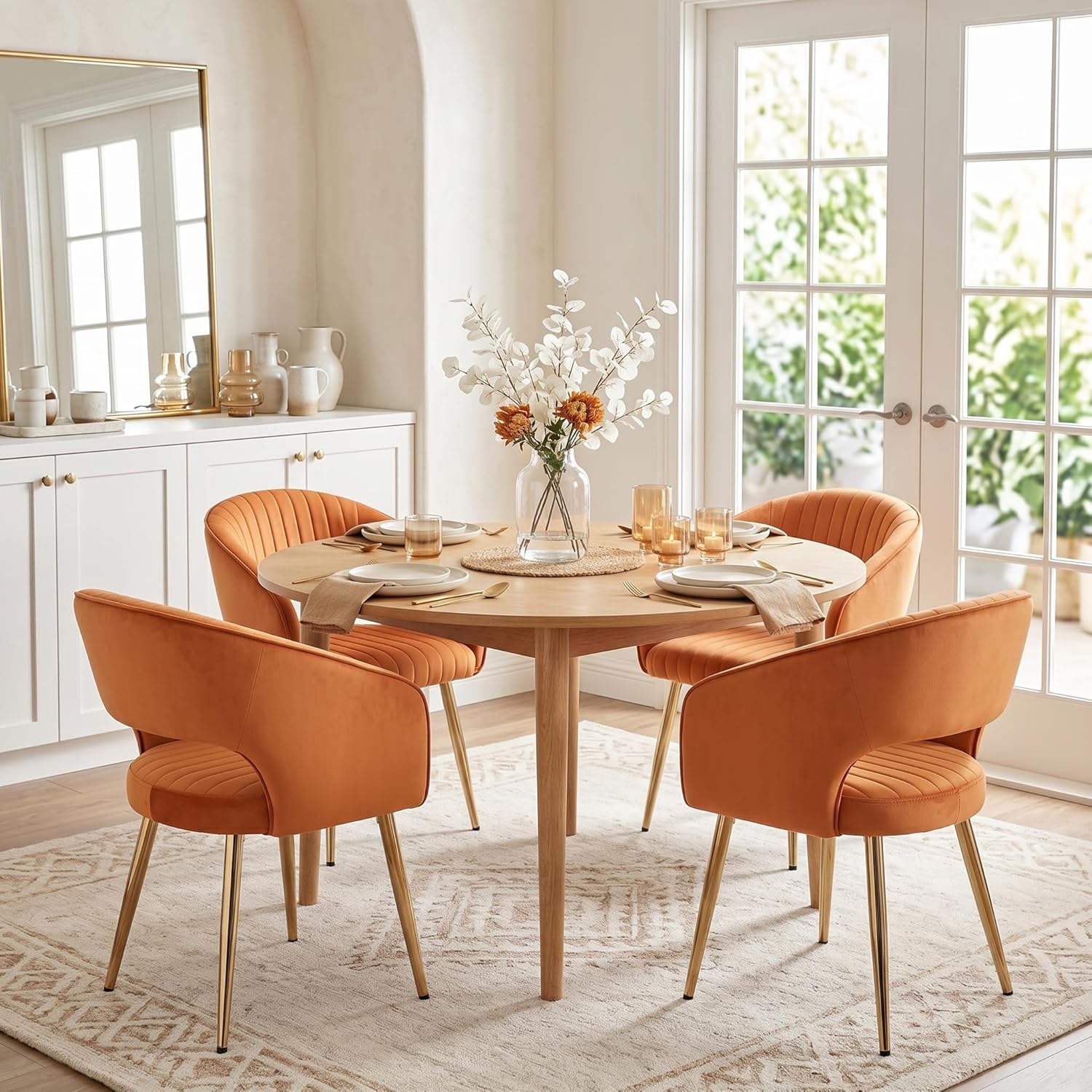 Orange Velvet Dining Chairs Gold Legs, Modern Dining Room Chairs with Arms Set of 6 Upholstered Accent Chair Armchair with Barrel Back for Kitchen Living Room