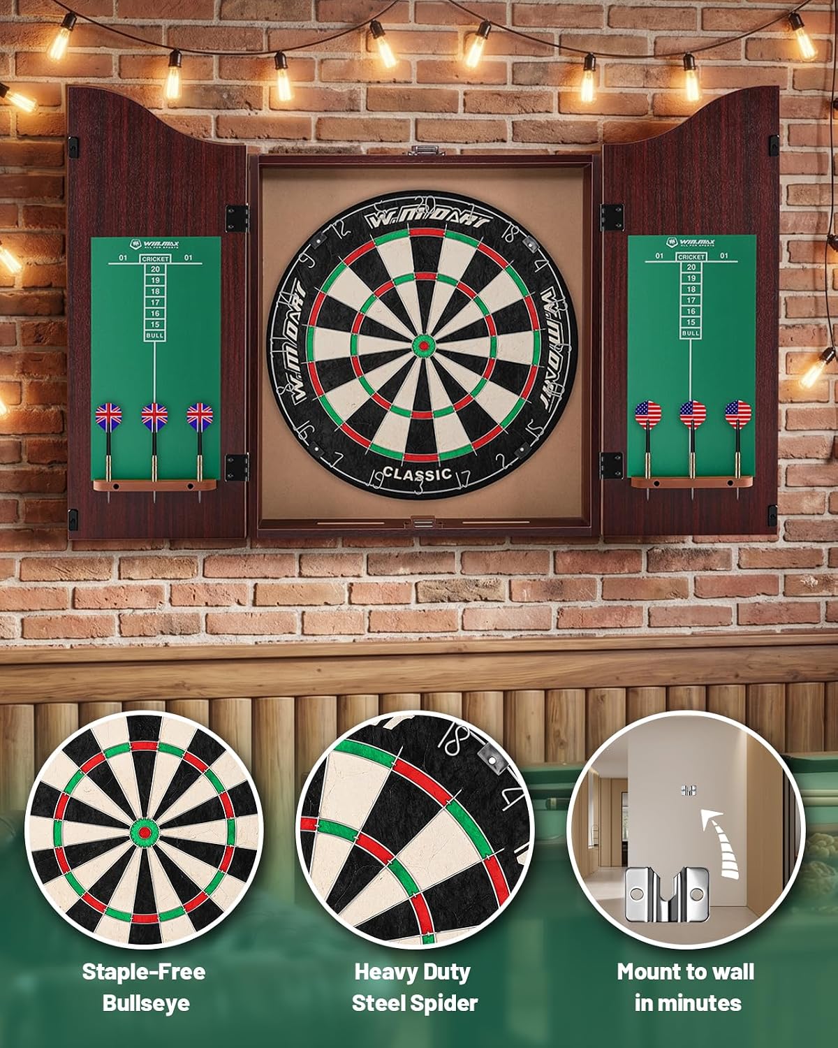 Dart Board Cabinet Set for Adults, 18-inch Dartboard with 6 Steel Tip Darts | Self‑Healing Fibers, Chalkboard Scoring, Rotating Number Ring, Regulation Size for Game Room, Man Cave and Home Bar, Brown