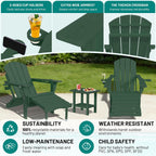 PLUUV Folding Adjustable Adirondack Rocking Chair with Retractable Ottoman and Cup Holders, Weather Resistance Outdoor HDPE Adirondack Rocker Patio Chair, Wood-Like Reclining Adirondack Chair, Green