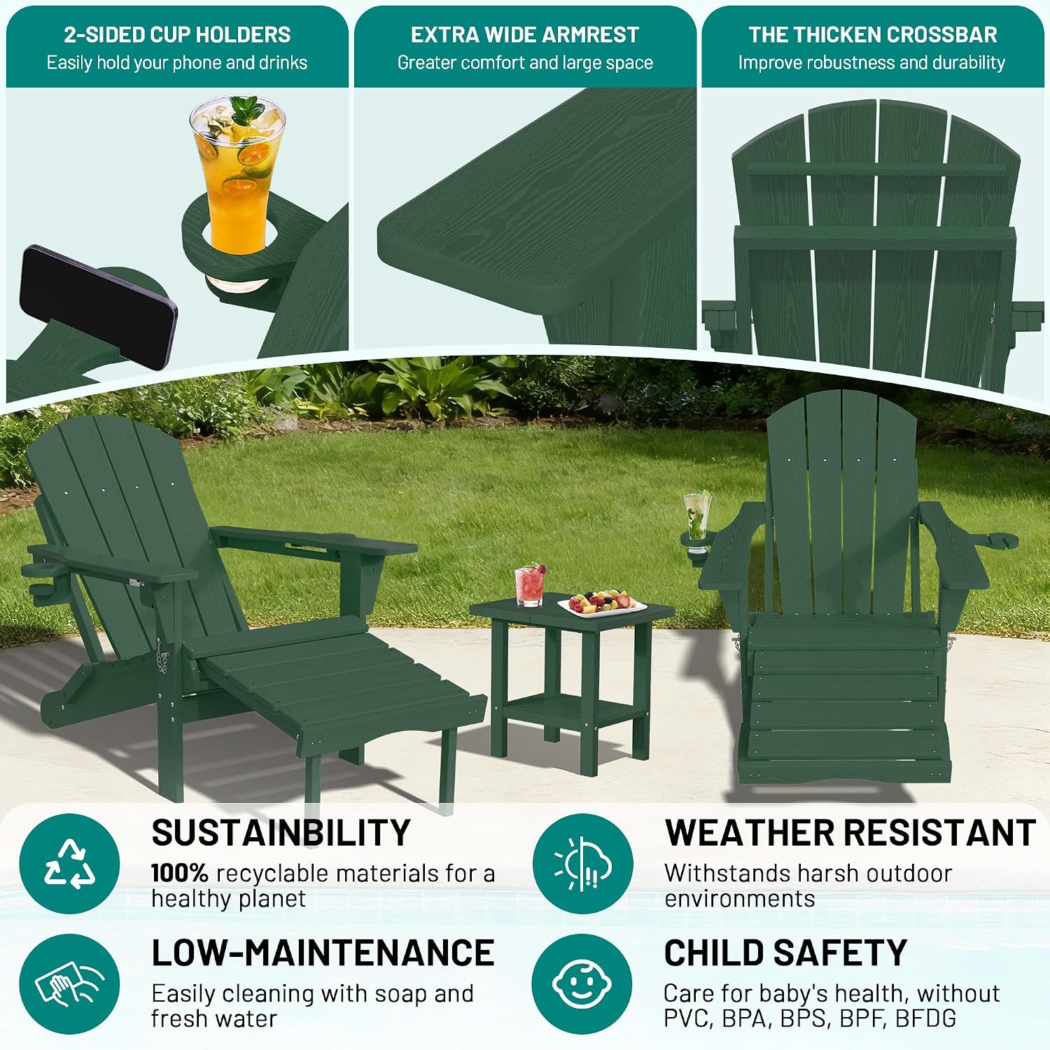 PLUUV Folding Adjustable Adirondack Rocking Chair with Retractable Ottoman and Cup Holders, Weather Resistance Outdoor HDPE Adirondack Rocker Patio Chair, Wood-Like Reclining Adirondack Chair, Green