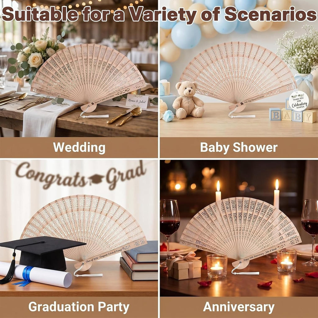 100 Pcs Custom Engraved Hand Fans for Wedding Guests, Personalized Wooden Folding Fans in Bulk, Ideal Favors for Bridal Shower, Baby Shower or Summer Party